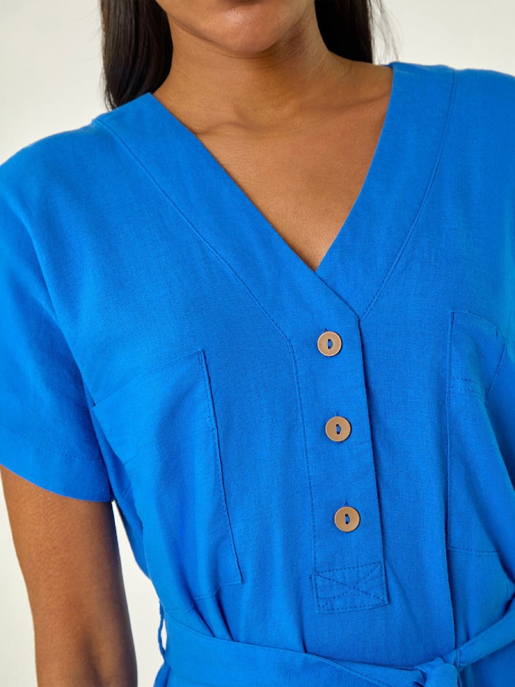 Roman Blue Button Linen Mix Midi Dress - Image 5 of 5 Roman Blue Button Linen Mix Midi Dress - Image 5 of 5