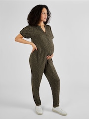 JoJo Maman Bébé Khaki Animal Print Maternity Jumpsuit - Image 1 of 5