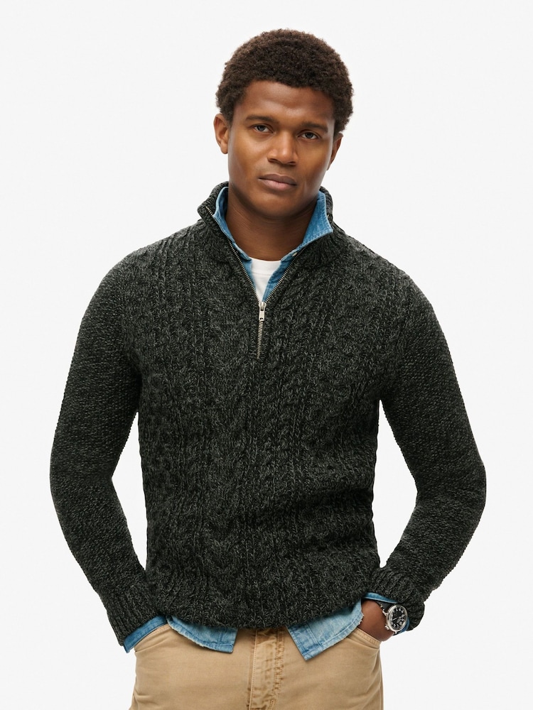 Superdry Black Jacob Cable Knit Quarter Zip Jumper - Image 1 of 5