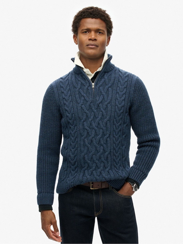 Superdry Indigo Jacob Cable Knit Quarter Zip Jumper - Image 1 of 5