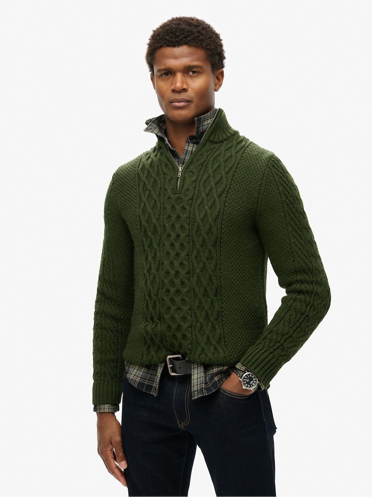 Superdry Duffle Bag Green Jacob Cable Knit Quarter Zip Jumper - Image 1 of 5