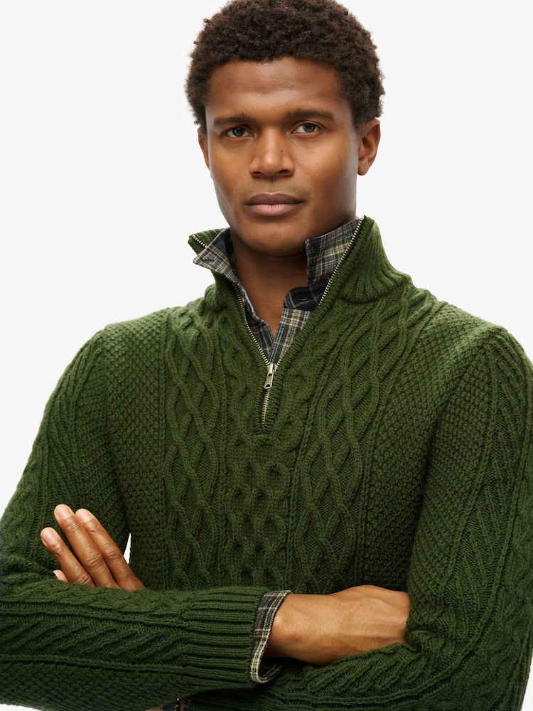 Superdry Duffle Bag Green Jacob Cable Knit Quarter Zip Jumper - Image 3 of 5