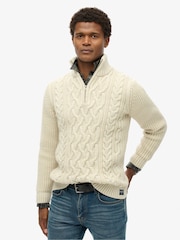 Superdry Ecru Jacob Cable Knit Quarter Zip Jumper - Image 1 of 5