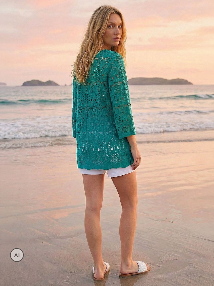 Roman Green Cotton Crochet Tunic Top - Image 2 of 4 Roman Green Cotton Crochet Tunic Top - Image 2 of 4