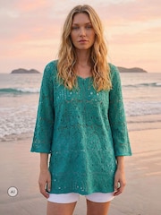 Roman Green Cotton Crochet Tunic Top - Image 3 of 4
