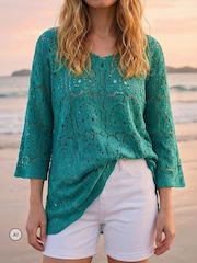 Roman Green Cotton Crochet Tunic Top - Image 4 of 4