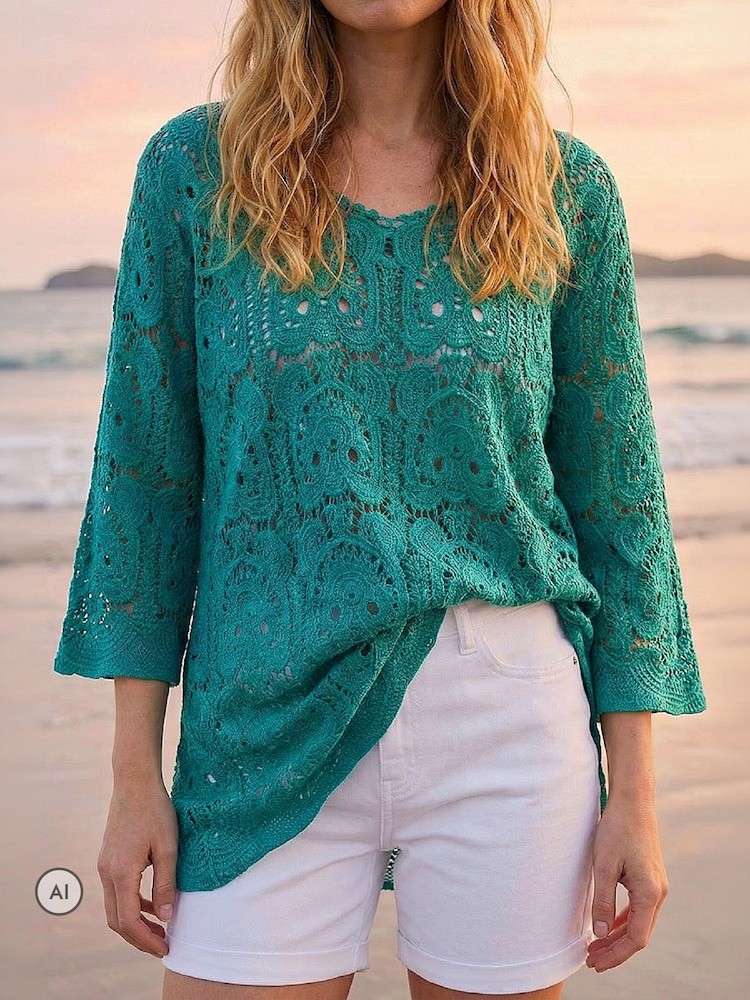 Roman Green Cotton Crochet Tunic Top - Image 4 of 4 Roman Green Cotton Crochet Tunic Top - Image 4 of 4