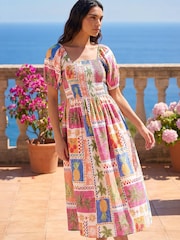Roman Orange Postcard Print Shirred Midi Dress - Image 2 of 4