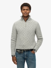 Superdry Mid Grey Jacob Cable Knit Quarter Zip Jumper - Image 1 of 6