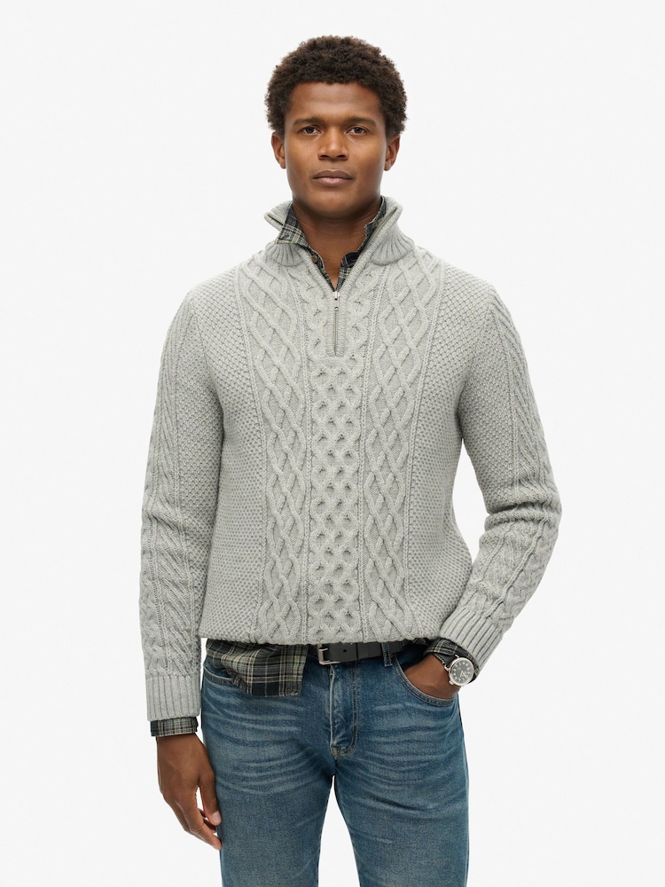 Superdry Mid Grey Jacob Cable Knit Quarter Zip Jumper - Image 1 of 6