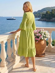Roman Green Linen Look Shirred Midi Dress - Image 3 of 4