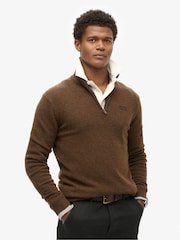 Superdry Woodland Brown Essential Embroidered Knit Quarter Zip Jumper - Image 1 of 6
