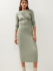 Sage Green Long Sleeve Ruched Detail Textured Midi Dress - Image 1 of 5