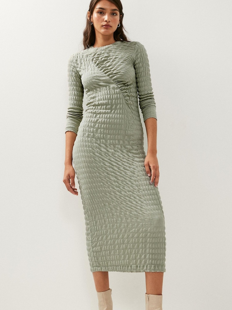 Sage Green Long Sleeve Ruched Detail Textured Midi Dress - Image 1 of 5