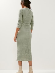 Sage Green Long Sleeve Ruched Detail Textured Midi Dress - Image 2 of 5