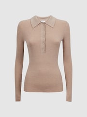 Reiss Camel Sienna Ribbed Space Wool Polo Shirt - Image 2 of 5