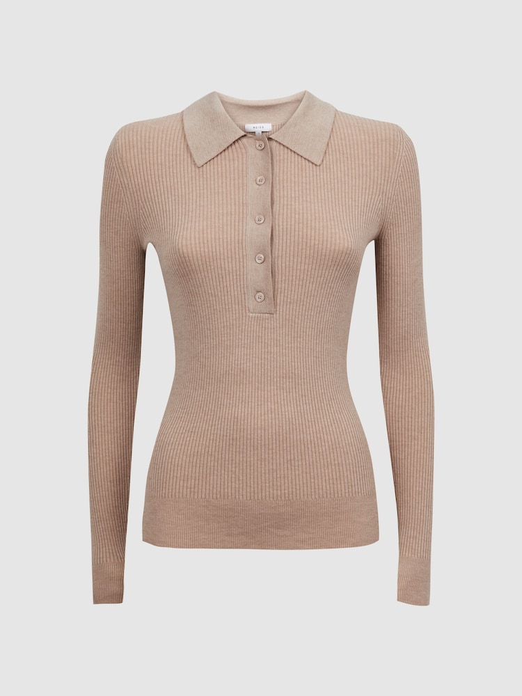 Reiss Camel Sienna Ribbed Space Wool Polo Shirt - Image 2 of 5