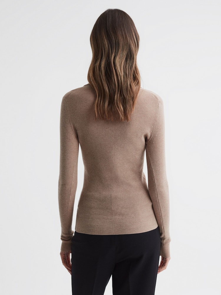 Reiss Camel Sienna Ribbed Space Wool Polo Shirt - Image 5 of 5