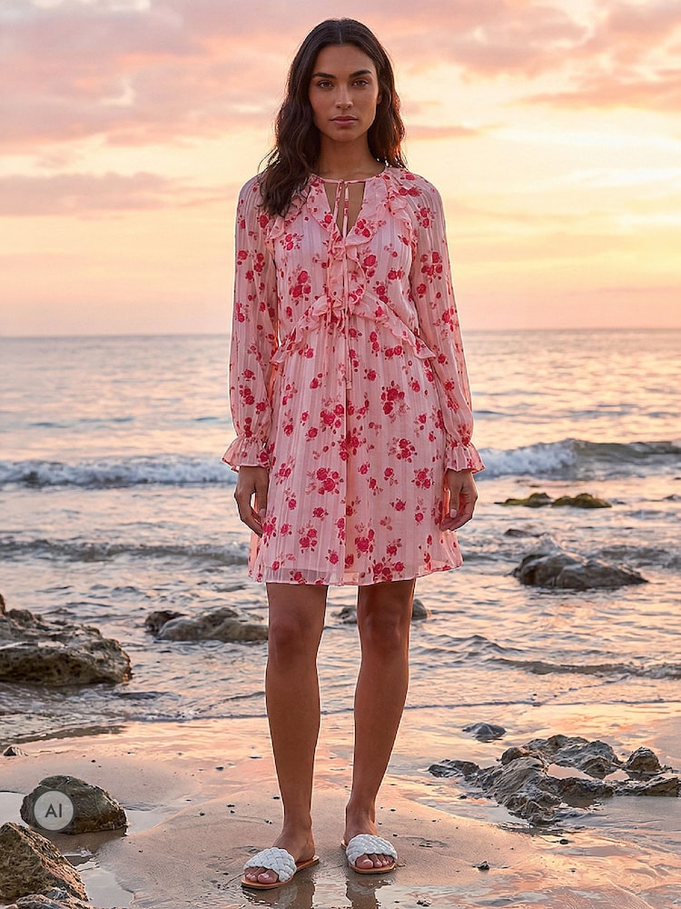 Roman Pink Rose Print Ruffle V-Neck Smock Dress - Image 1 of 4