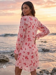 Roman Pink Rose Print Ruffle V-Neck Smock Dress - Image 2 of 4