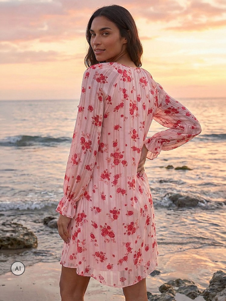 Roman Pink Rose Print Ruffle V-Neck Smock Dress - Image 2 of 4