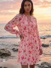 Roman Pink Rose Print Ruffle V-Neck Smock Dress - Image 3 of 4