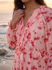 Roman Pink Rose Print Ruffle V-Neck Smock Dress - Image 4 of 4