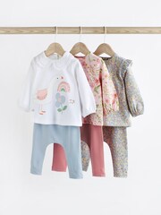 Pink/Blue/Cream Floral Duck 6 Piece Baby T-Shirts and Leggings Set - Image 1 of 8