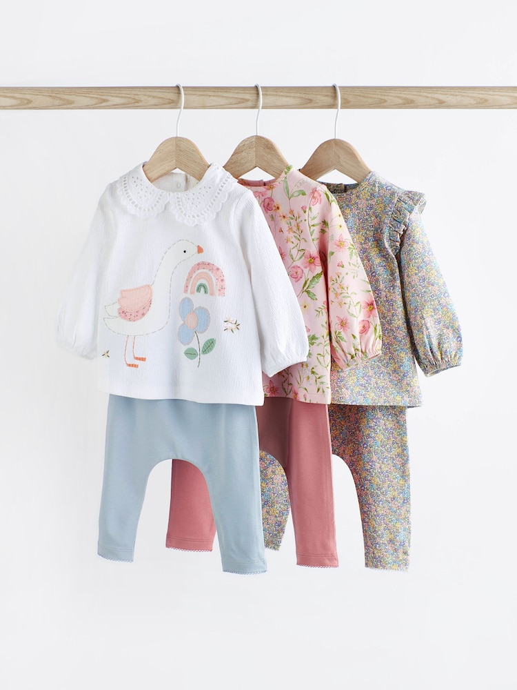 Pink/Blue/Cream Floral Duck 6 Piece Baby T-Shirts and Leggings Set - Image 1 of 8