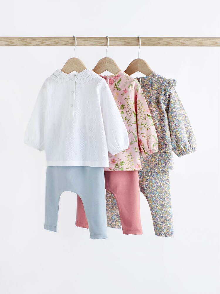 Pink/Blue/Cream Floral Duck 6 Piece Baby T-Shirts and Leggings Set - Image 2 of 8