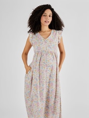 JoJo Maman Bébé Yellow Pink Sunflowers Print Frill Sleeve Maternity Midi Dress - Image 3 of 4