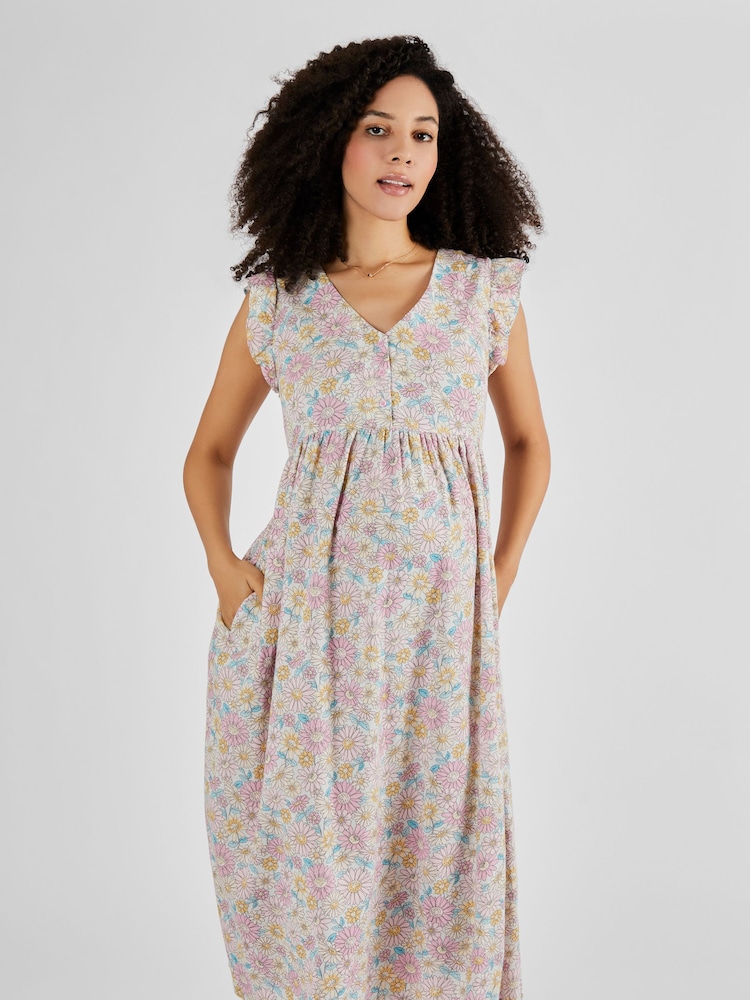 JoJo Maman Bébé Yellow Pink Sunflowers Print Frill Sleeve Maternity Midi Dress - Image 3 of 4