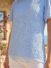 藍色 - Roman Panelled Lace Puff Sleeve Top - 圖片 4，共 4