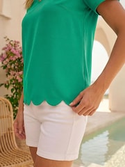 綠色 - Roman Scalloped Hem V-Neck T-Shirt - 圖片 4，共 4