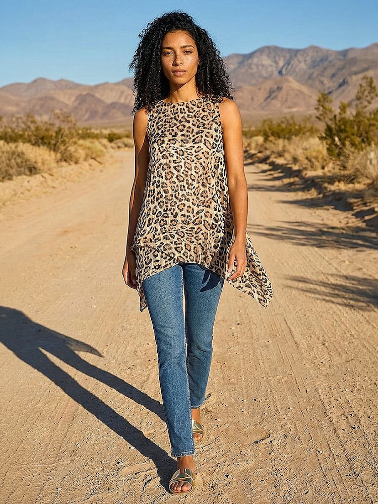 Roman Natural Animal Print Wrap Hem Tunic Top - Image 1 of 4 Roman Natural Animal Print Wrap Hem Tunic Top - Image 1 of 4