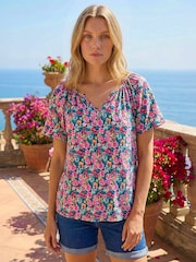 Roman Pink Floral Gathered V-Neck Stretch Top - Image 1 of 4