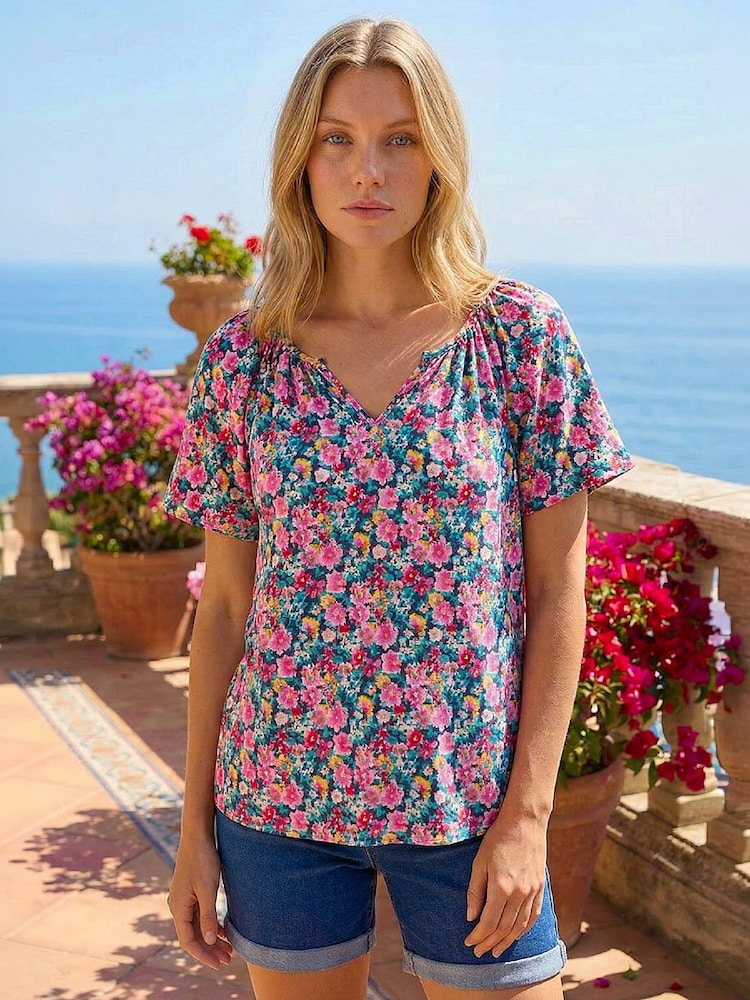 Roman Pink Floral Gathered V-Neck Stretch Top - Image 1 of 4 Roman Pink Floral Gathered V-Neck Stretch Top - Image 1 of 4