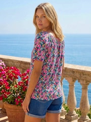 Roman Pink Floral Gathered V-Neck Stretch Top - Image 3 of 4