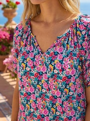 Roman Pink Floral Gathered V-Neck Stretch Top - Image 4 of 4
