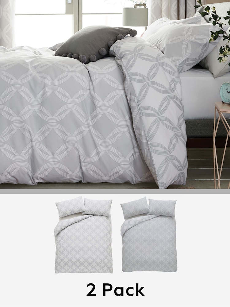 2 Pack White/Grey Geo Reversible Duvet Cover and Pillowcase Set - Image 1 of 6