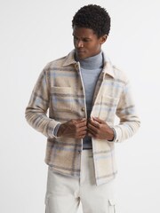 Reiss Oatmeal/Soft Blue Joe Wool Blend Check Overshirt - Image 1 of 5