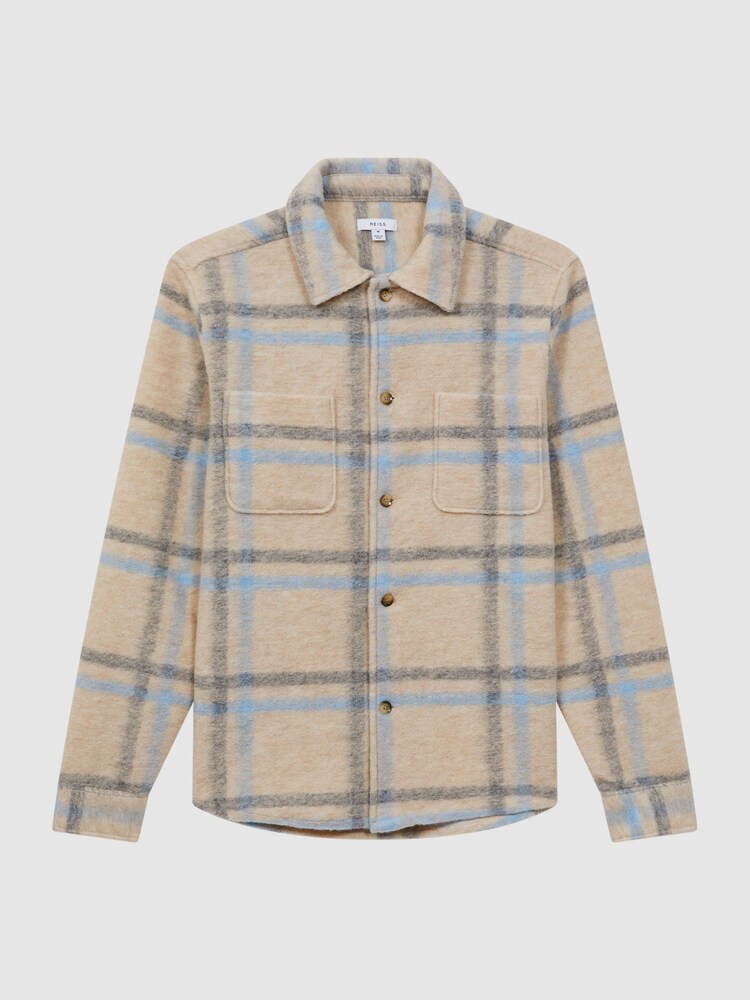 Reiss Oatmeal/Soft Blue Joe Wool Blend Check Overshirt - Image 2 of 5