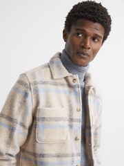 Reiss Oatmeal/Soft Blue Joe Wool Blend Check Overshirt - Image 3 of 5