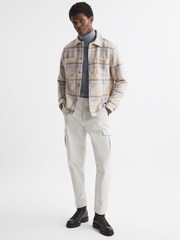 Reiss Oatmeal/Soft Blue Joe Wool Blend Check Overshirt - Image 4 of 5