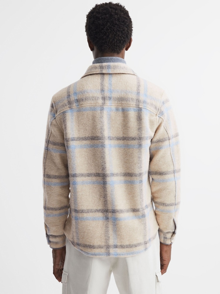 Reiss Oatmeal/Soft Blue Joe Wool Blend Check Overshirt - Image 5 of 5