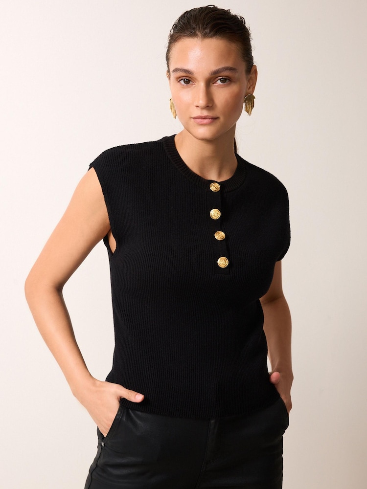 črna - Majica brez rokavov s kratkimi rokavi in zlatimi gumbi - Slika 1 iz 6 črna - Majica brez rokavov s kratkimi rokavi in zlatimi gumbi - Slika 1 iz 6