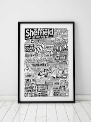 Sketchbook Design Black Sheffield Landmarks Illustration Framed Wall Art Print - Black A4 Frame - Image 1 of 4