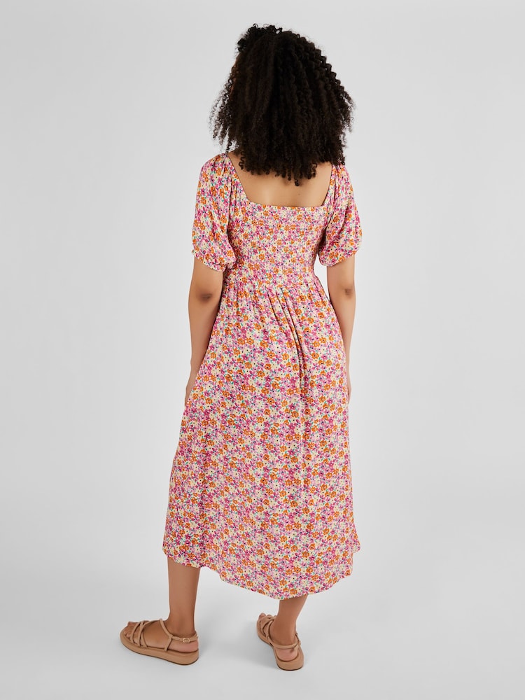 Koralle-Pink, geblümt - Jojo Maman Bébé Gerafftes Midikleid (Umstandsmode) - Bild 2 von 5