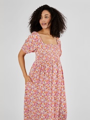 Koralle-Pink, geblümt - Jojo Maman Bébé Gerafftes Midikleid (Umstandsmode) - Bild 3 von 5