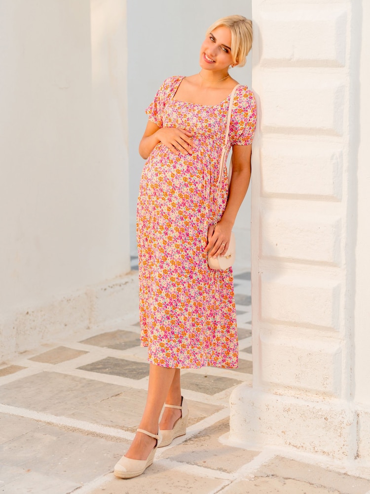 Koralle-Pink, geblümt - Jojo Maman Bébé Gerafftes Midikleid (Umstandsmode) - Bild 5 von 5